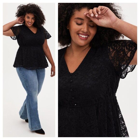 Torrid Black Lace Button Down Peplum Top - Picture 2 of 6